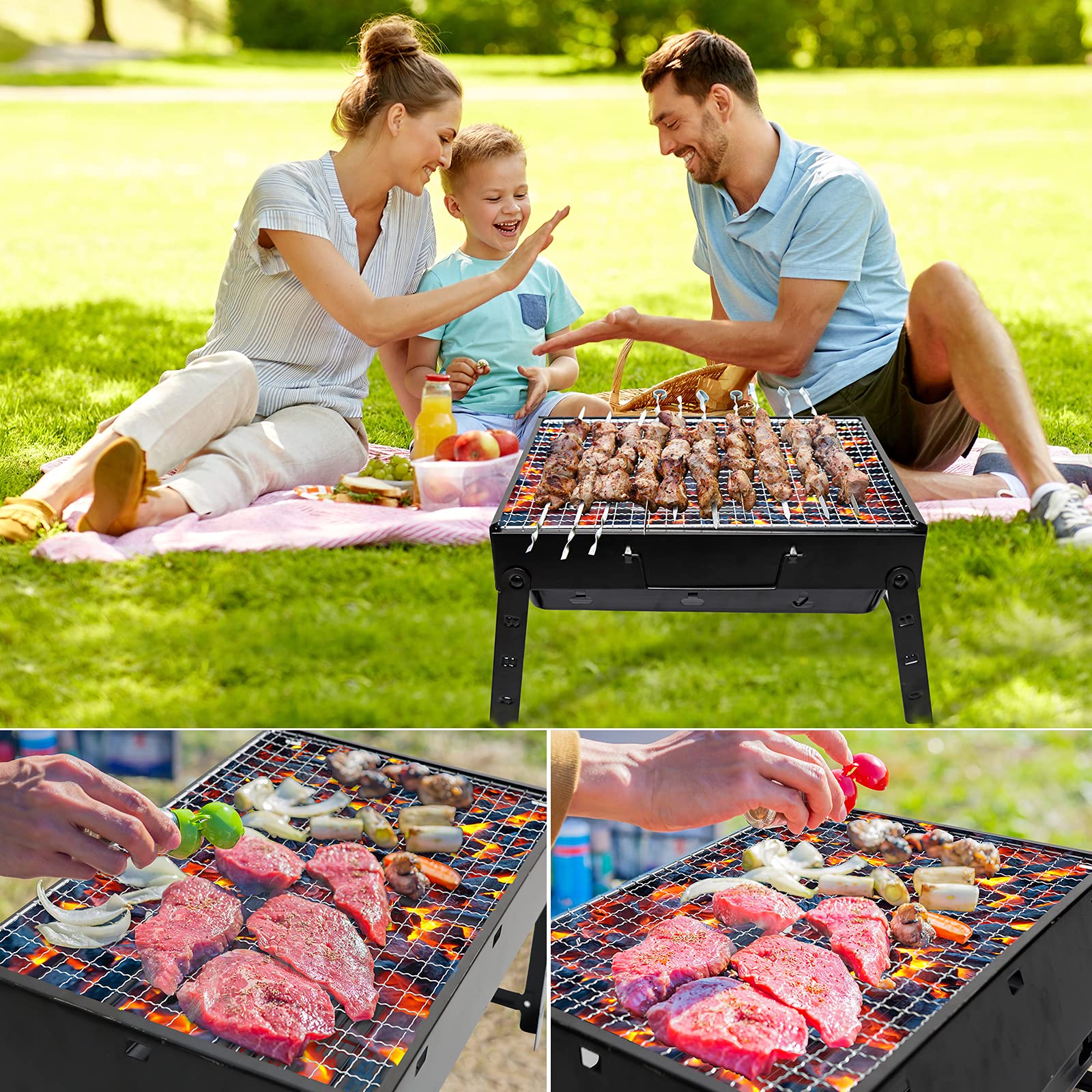 BBQ Barbecue Grill, Portable Folding Charcoal Barbecue Desk Tabletop Outdoor Stainless Steel Smoker BBQ for Picnic Garden Terrace Camping Travel 15.35''x11.41''x2.95'' (Black)
